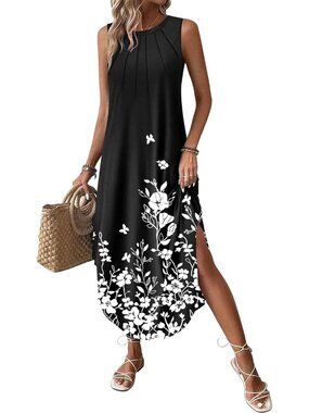 Women's Black Floral Summer Casual Long Dress Split Curve Hem Dress Floral